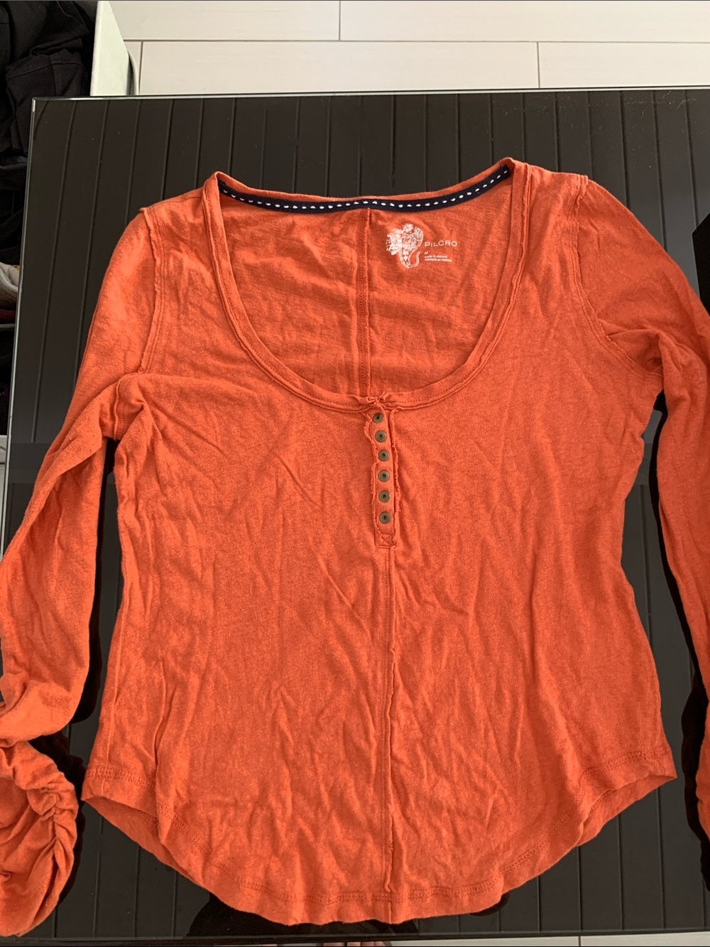 Pilcro Long-Sleeve Scoop Neck Henley Top - Burnt Orange
